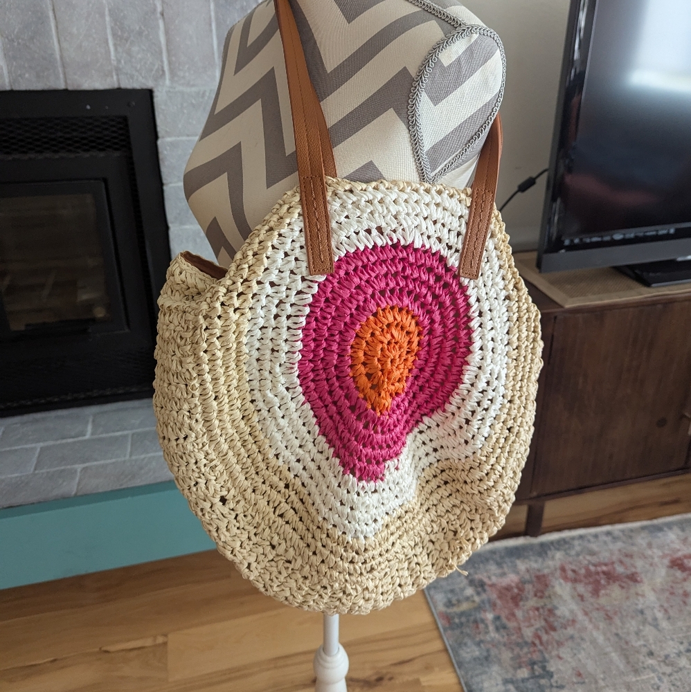Handcrafted Beige and Pink Crochet Tote Bag